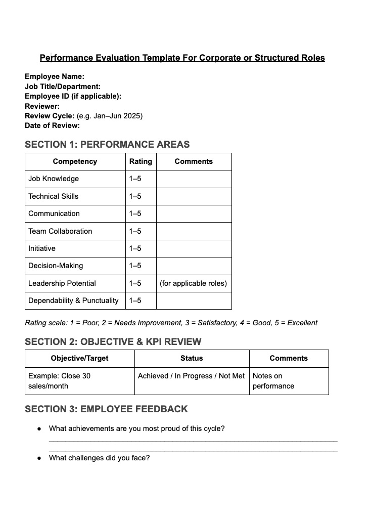 Corporate Evaluation Template